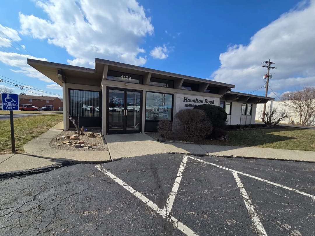 Hamilton Road Animal Clinic building exterior with clear signage and accessible parking.